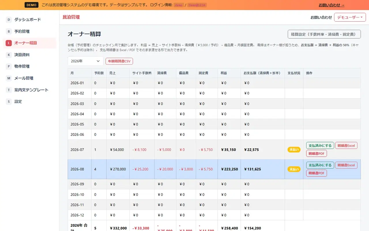 民泊管理システム オーナー精算の画面